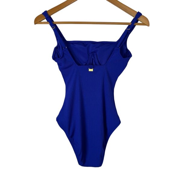 Bleu Rob Beattie Blue Ribbed Walk The Line Square Neck One-Piece Swimsuit Sz 4 - Picture 5 of 10